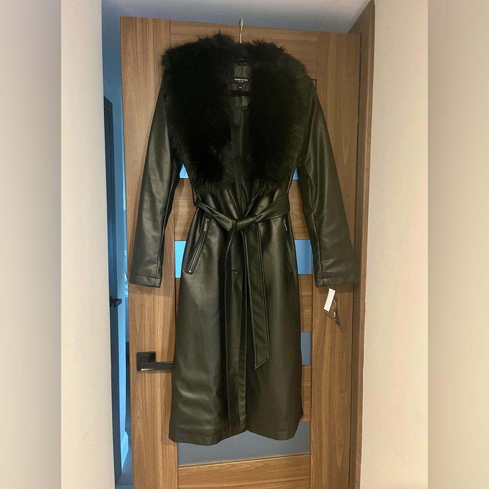 Kenneth Cole Black Leather Jacket with Faux Fur Collar